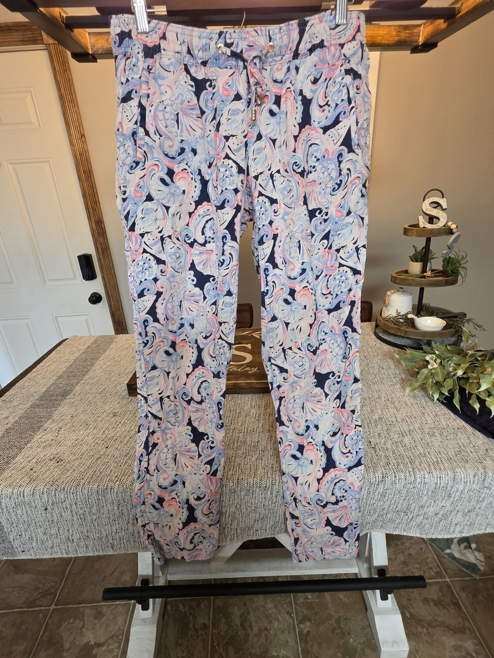 Lilly Pulitzer Navy Paisley Drawstring Joggers with Pink & Light Blue Accents